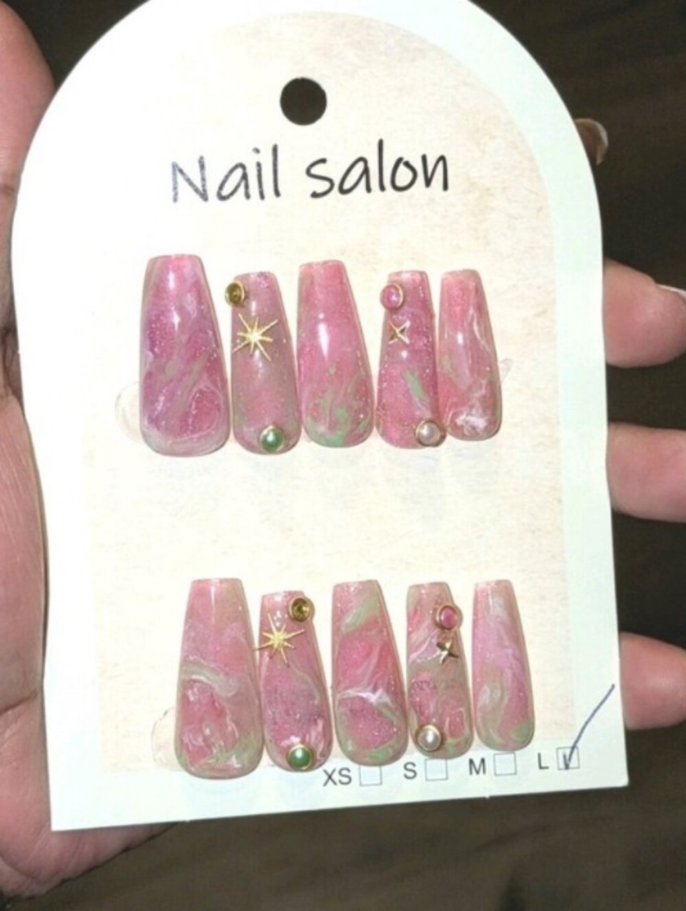 Hand Crafted Pink Marble Press-On Nails with Gold & Pearl Accents Sz L